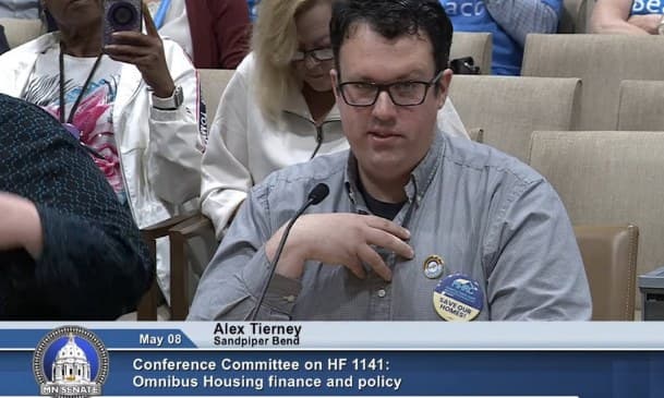 Alex testifying before the Minnesota Senate conference committee on HF 1141, the omnibus housing bill
